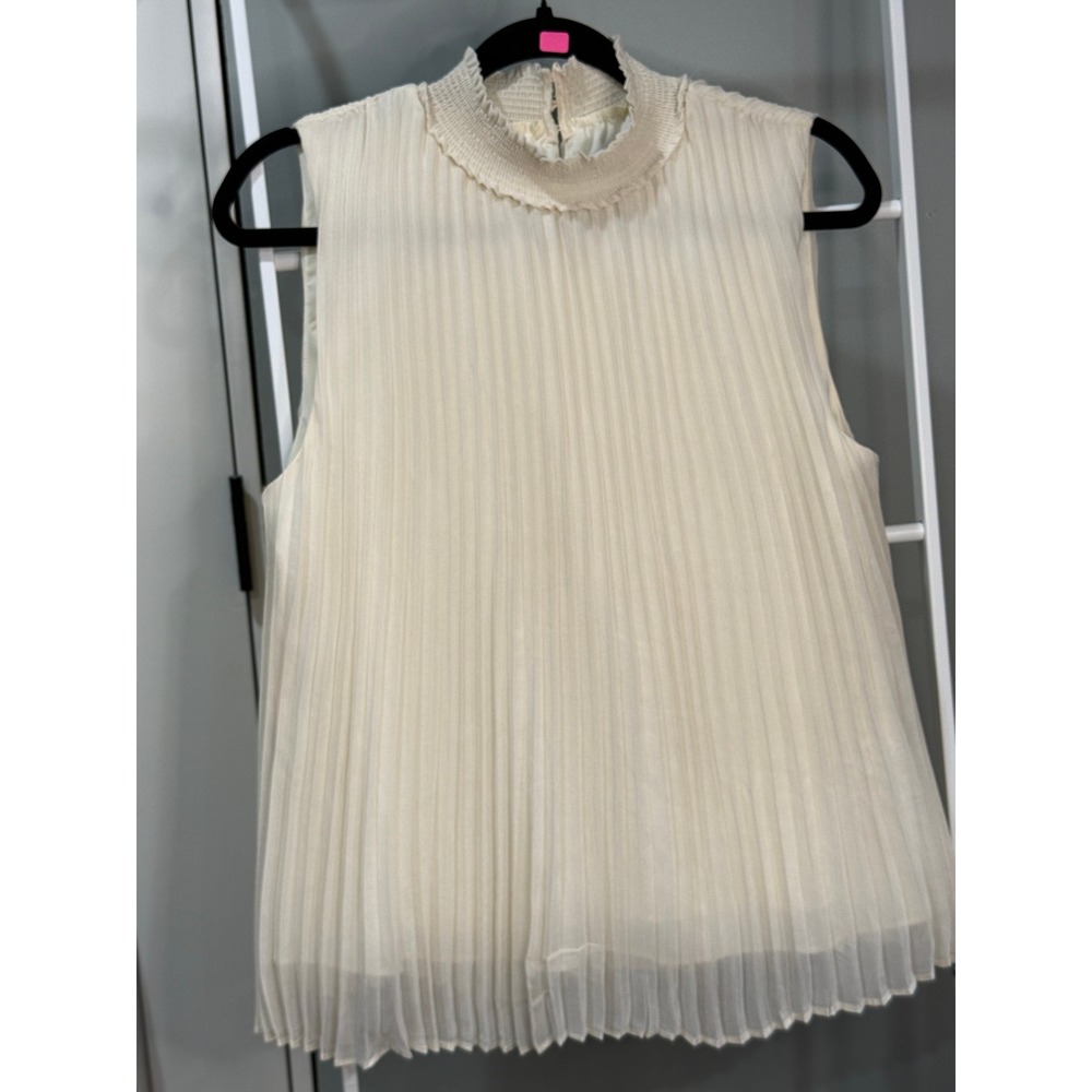 Nanette Lepore Cream Pleated Sleeveless Blouse Smocked Mock Neck Top L Coquette